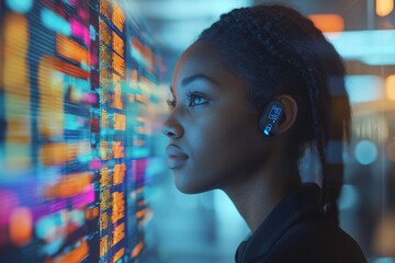 Aufkleber - An African American woman analyzing data on a large screen with futuristic earbuds, in a brightly lit, modern technology environment for business, information.