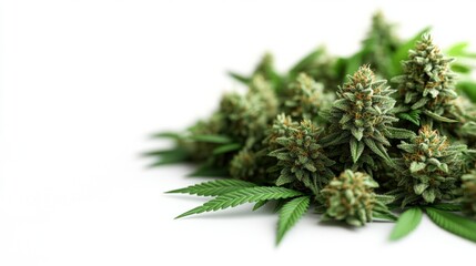 Poster - Close-up view of beautifully cultivated cannabis buds displaying rich colors and textures on a white isolated background