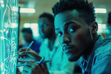 Poster - A young man with a focused gaze collaborates on a digital screen with colleagues, immersed in data visualization, representing teamwork, technology and futuristic innovation.
