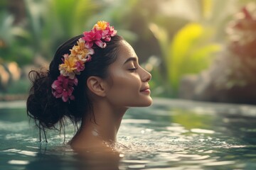 Poster - Woman with floral crown enjoys serene moment in tropical pool at sunset