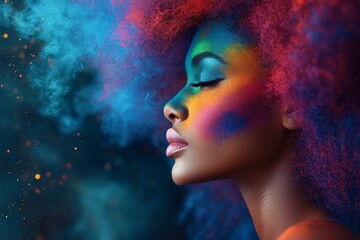 Poster - Vibrant celebration of colors on a woman's face and hair in an artistic expression of beauty
