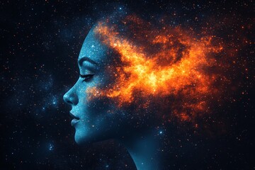 Aufkleber - Cosmic silhouette of a woman's profile with vibrant colors and celestial elements blending into the night sky