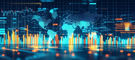 Poster - Global Stock Market Trends, Charting Financial Data with World Map and Glowing Visualizations.