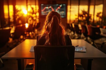 Poster - a businesswoman analyzes stock market data at sunset in an office, showcasing financial analysis, in