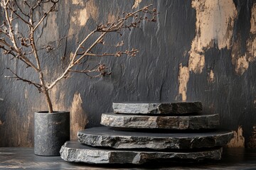 Fototapete - Decorative arrangement with stone slabs and bare branches on textured wall background