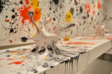 Fototapete - Colorful abstract sculptures and splattered paint create a vibrant atmosphere in a modern art gallery