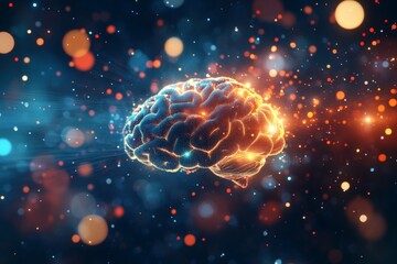 Poster - Illuminated brain with vibrant light particles in a dark background illustrating cognitive activity and neural connections