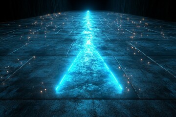 Fototapete - Path illuminated by neon blue lines with sparkling particles in a dark environment at night