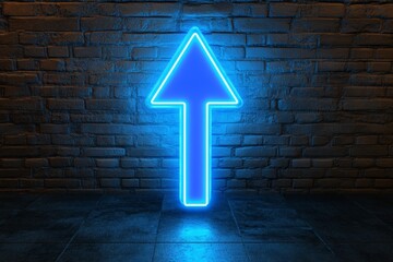 Leinwandbilder - Bright neon blue arrow on a brick wall indicating direction in a dimly lit space