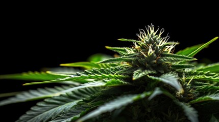 Poster - Lush cannabis plant displaying a rich green foliage and captivating details of its unique leaf structure for nature lovers