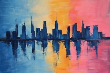 Poster - Colorful skyline at sunset with reflections in water showcasing vibrant blue and pink hues