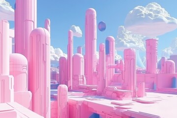 Poster - Futuristic cityscape featuring pink towers and clouds under bright blue sky during daytime