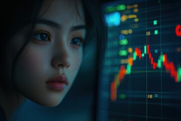 Poster - asian woman intently studying stock market data on a screen, focusing on financial analysis and inve