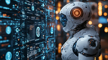 Poster - White Robot Analyzing Data on a Glowing Blue Digital Screen