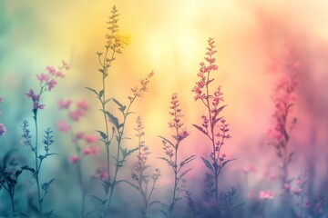 Poster - Colorful flowers bloom in a soft gradient background during a warm summer sunset
