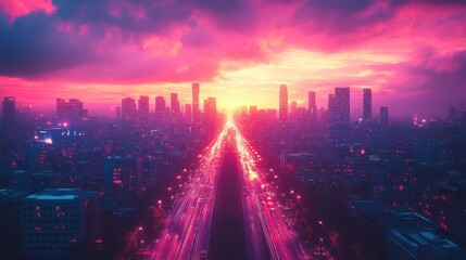 Poster - Futuristic Cyberpunk Cityscape with Neon Lights and Ultramodern Architecture at Twilight