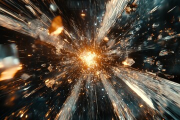 Poster - Explosion with vibrant particles radiating from the center in a dark, dynamic space