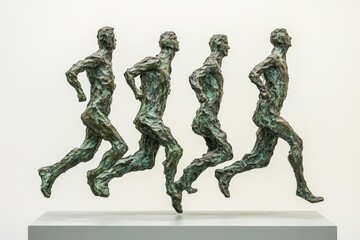 Poster - Sculpture of four runners in motion displayed in a modern art gallery setting