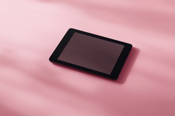 Poster - a black tablet with a blank dark screen lies on a soft pink background, creating a modern and simple