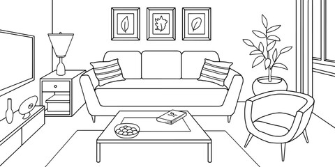 Fototapete - Living room graphic black white home interior sketch illustration vector 