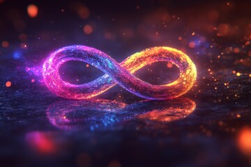 Poster - Colorful glowing infinity symbol illuminated on a dark reflective surface with sparkling details