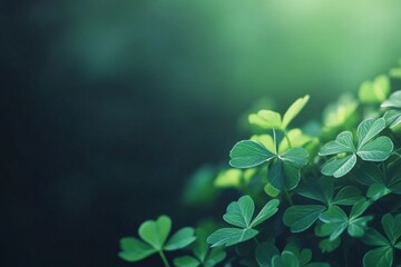 Poster - Beautiful close-up of lush green clover leaves illuminated by soft sunlight in a serene natural setting