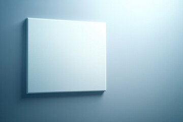 Poster - Blank canvas mockup on a blue wall for artistic presentations, showcasing artwork, or design concepts with soft lighting and a minimalist background providing ample copy space.