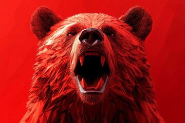 Poster - Fierce bear with bold red background showcasing powerful stance and intricate details of fur and expression