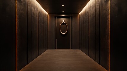 Poster - A dimly lit, narrow hallway with textured dark walls and recessed lighting leads to a centered door with a unique, oval-shaped handle