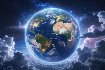 Wall Mural - intricate animation of earth in a celestial atmosphere with detailed clouds and cosmic light