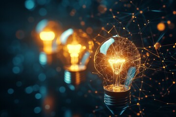 Poster - Illuminated light bulbs emitting warm glow surrounded by a web of digital connections at night
