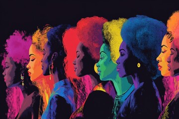 Poster - Colorful profile illustrations of diverse women with various hairstyles celebrating beauty and individuality in a vibrant display