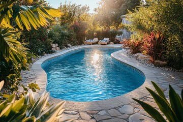 Poster - Relaxing oasis with sparkling pool surrounded by lush greenery in warm sunlight