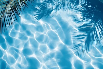 Poster - Clear blue pool water reflects palm tree shadows in a serene outdoor setting during a sunny afternoon