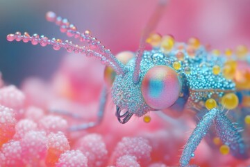 Poster - Intricate details of a blue insect perched on vibrant pink coral in a flourishing underwater environment