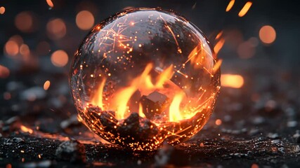 Poster - Glowing sphere capturing fire and sparks on a dark surface during a night setting
