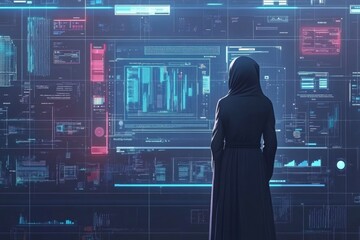 Poster - Modern woman analyzing data on a high-tech display in a futuristic environment during night hours