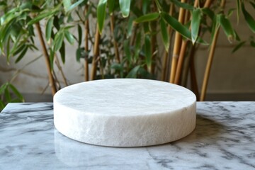 Poster - Circular white marble slab on a marble surface surrounded by green plants in a bright indoor setting