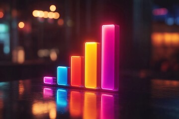 Fototapete - Colorful neon bar graph illuminated on a reflective surface in a dimly lit space at night