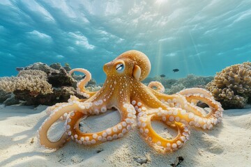 Poster - Colorful octopus exploring the coral reef in clear tropical waters during daylight