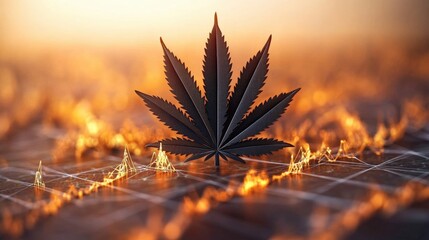 Poster - vibrant marijuana leaf resting on a lush green field under bright natural light emphasizing nature's