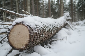 Poster - Snow-covered log in a serene forest during winter showcasing nature's beauty and tranquility