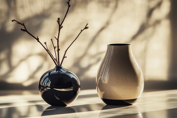 Fototapete - An elegant composition of two decorative vases, one black with branches, the other beige, positioned on a sleek surface with light and shadow patterns.