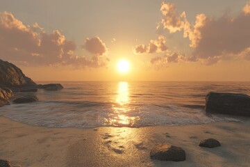 Aufkleber - Golden sunset over tranquil beach with gentle waves and rocky shoreline near the water