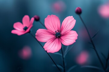 Poster - Beautiful pink flowers blooming at dusk with a serene blue background in a tranquil garden setting