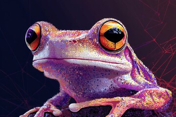 Aufkleber - Vibrant close-up of a colorful frog perched on a surface against a dark, abstract background in a stylized digital art format