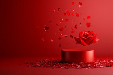 Poster - Red rose with floating petals on a vibrant red background