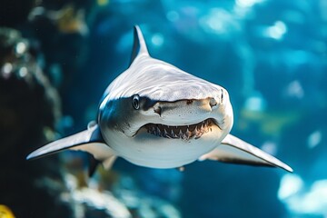Poster - Underwater encounter with a shark swimming in clear ocean water near coral reefs during daylight