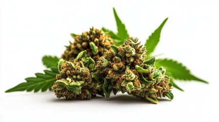 Poster - Lush green cannabis plant displaying intricate leaf patterns and vibrant buds in natural light environment
