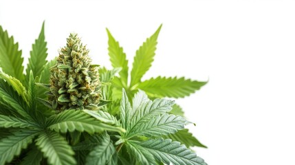 Poster - Vibrant cannabis plant with rich green leaves and buds glimmering in natural sunlight for botanical enthusiasts